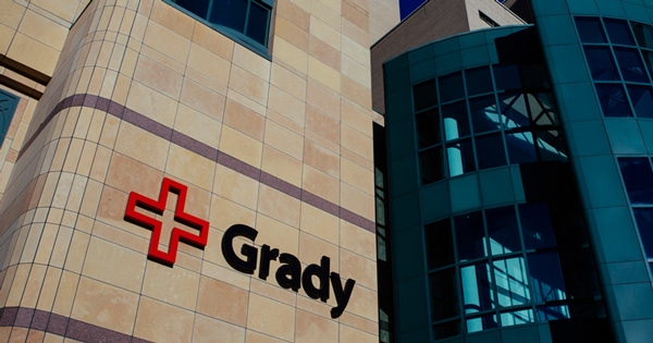 Photo of the Grady Logo on the main entrance of the main building